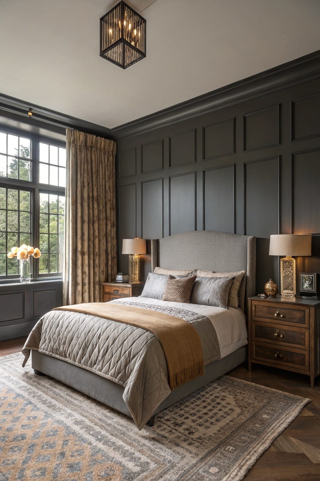 Bedroom interior with deep charcoal gray paneled walls, gray upholstered bed draped in beige and orange textiles, flanked by wooden nightstands with lamps, under a modern pendant light.