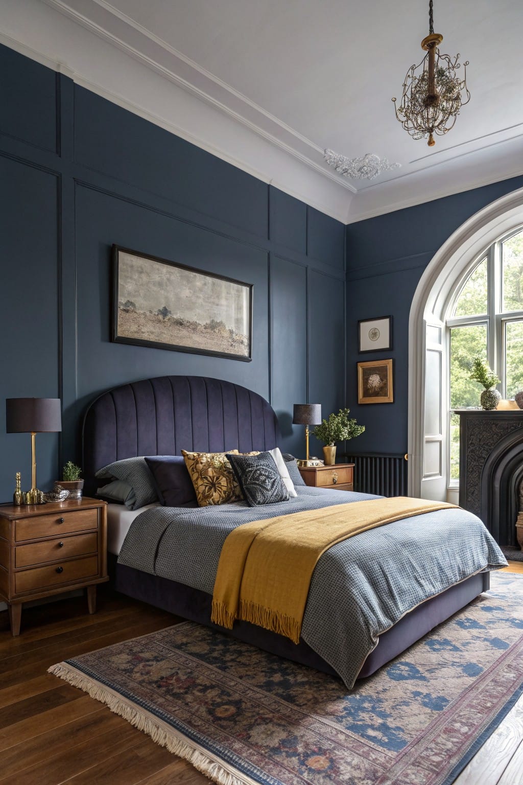 Bedroom featuring deep navy paneled walls, velvet upholstered bed with gray bedding and yellow throw, wood nightstands, and arched window with fireplace