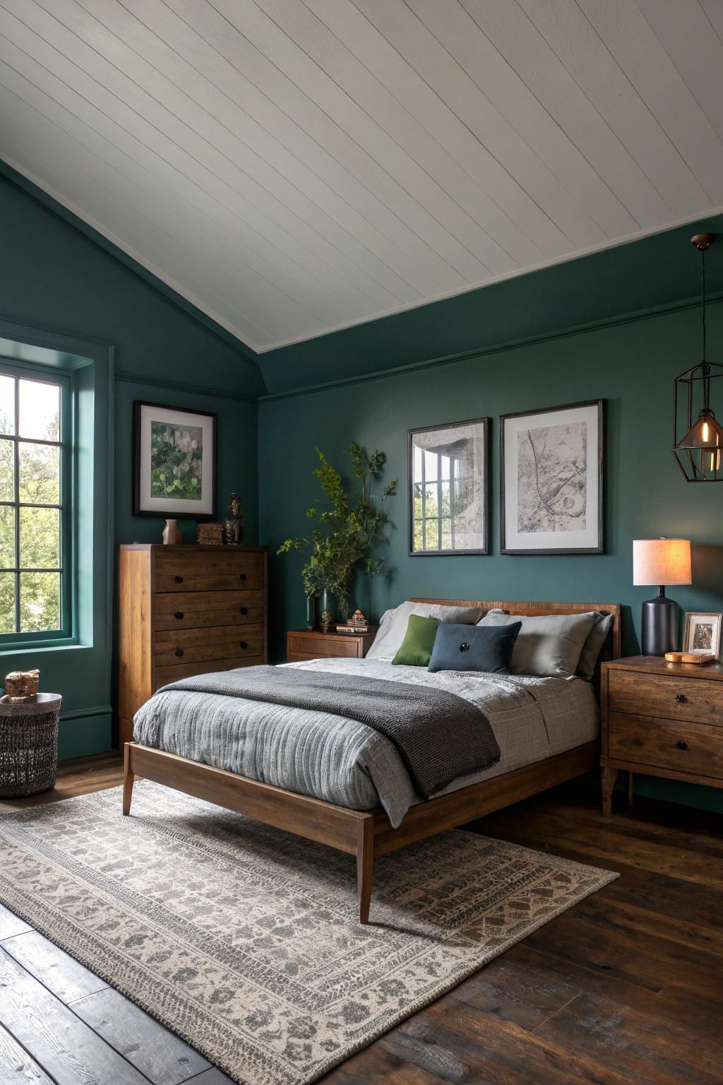 Cozy bedroom featuring deep teal green walls, midcentury wood bed frame and dressers, neutral gray bedding, potted plants, and a large window with natural light