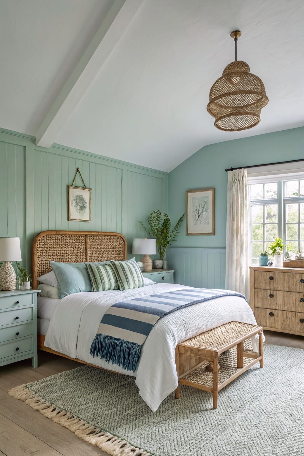Serene bedroom featuring pale mint green paneled walls, rattan headboard and bench, wood furniture, white bedding with blue stripes, and natural textures under a woven pendant light
