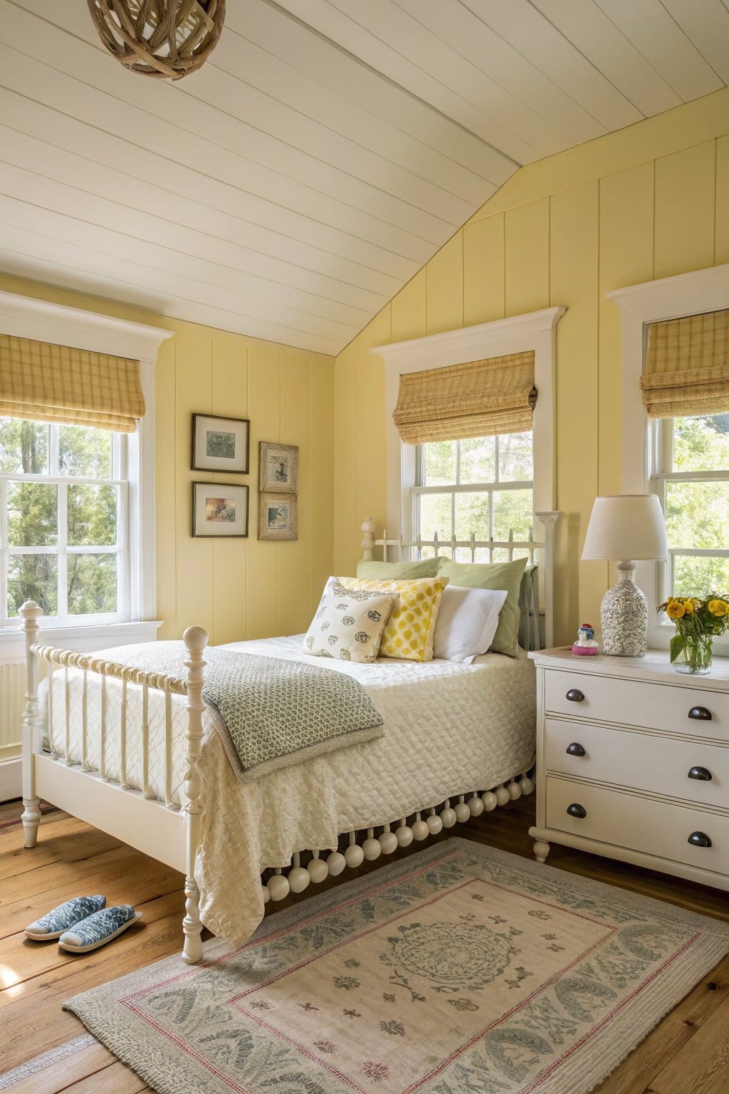 Cozy yellow bedroom with white furniture, floral pillows, and a patterned rug.
