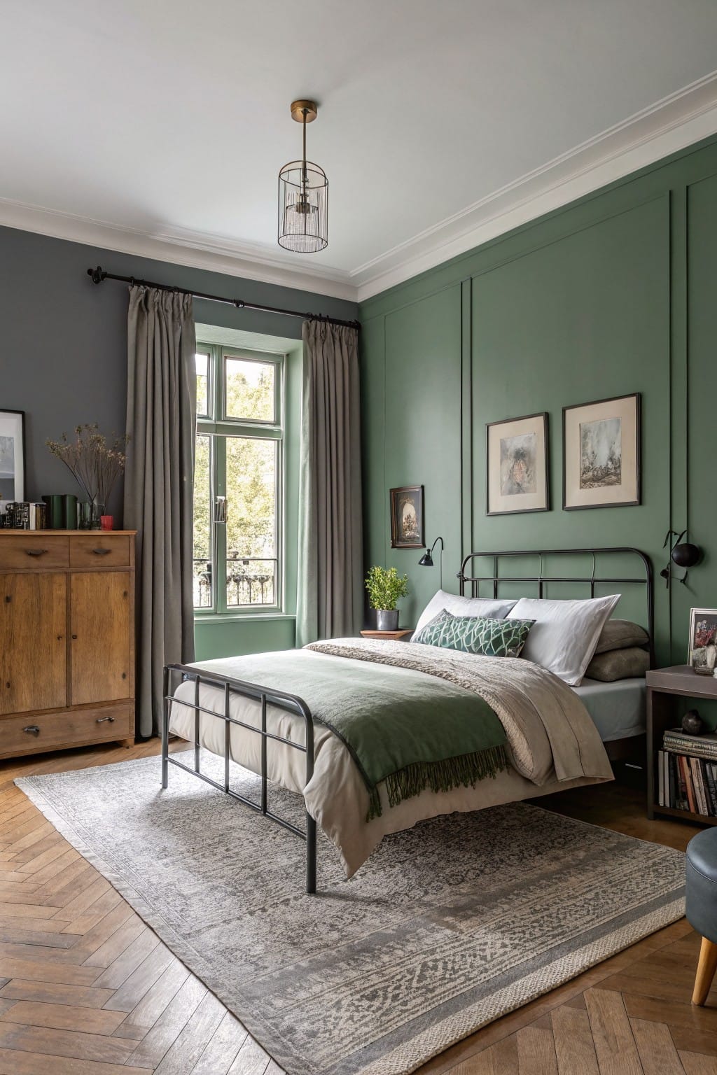 Bedroom with soft sage green paneled walls, iron bed, wood floors, and neutral textiles