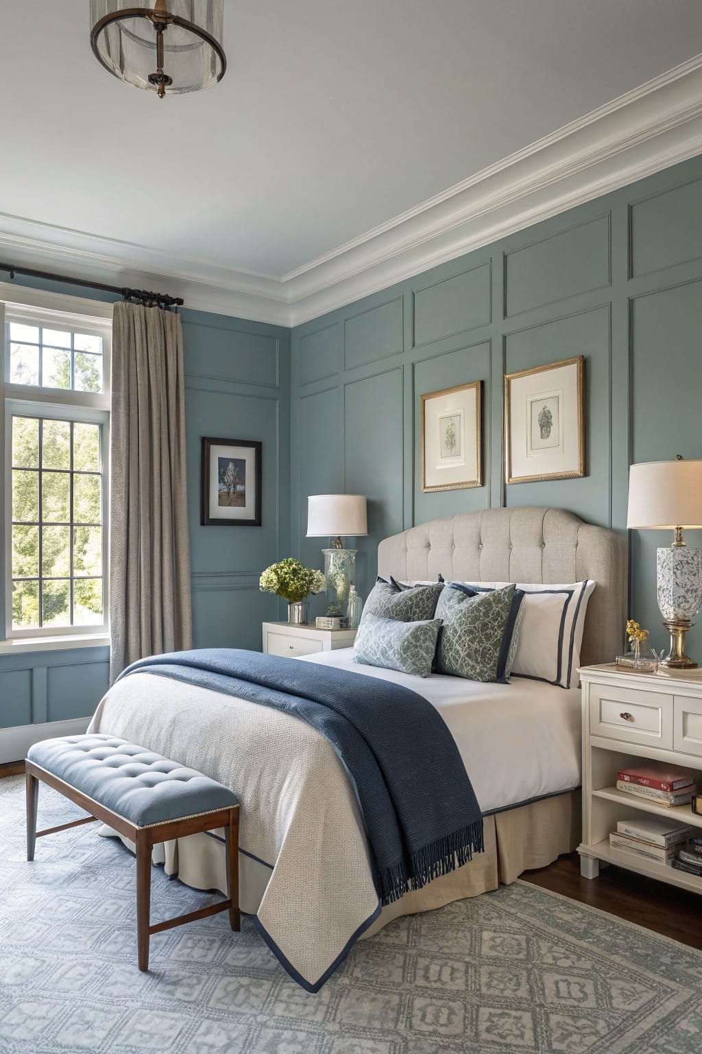 Bedroom with soft blue-green paneled walls, beige tufted bed, wood furniture, and layered textiles for a calm vibe