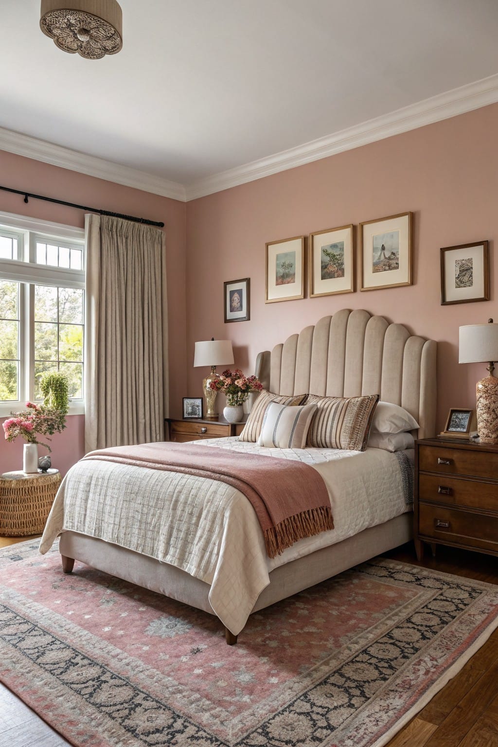 Bedroom interior with blush pink walls, tufted beige headboard on a king bed, wood nightstands with lamps, and a patterned pink rug on hardwood floors