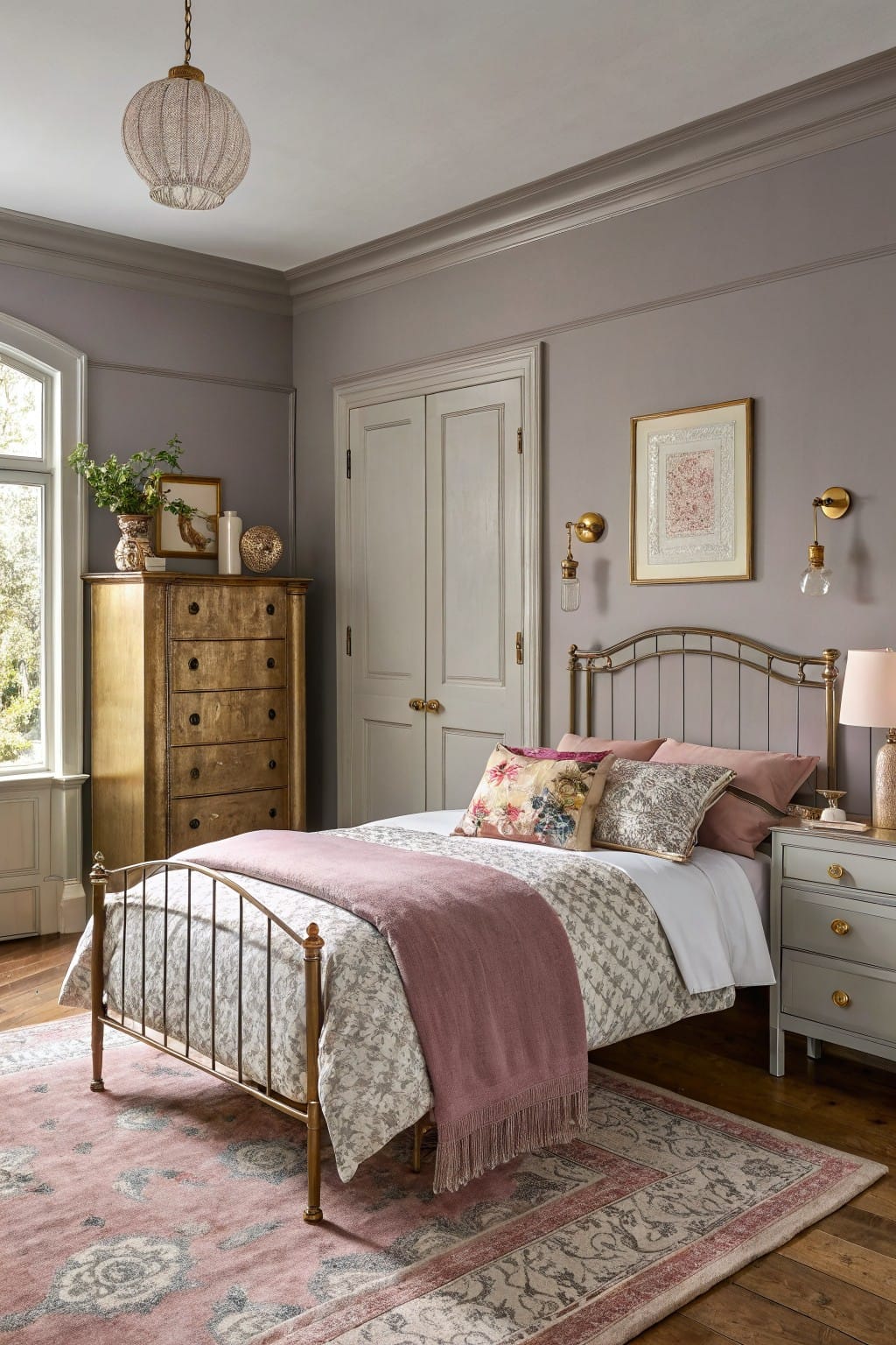 Bedroom with soft greige walls, brass bedframe draped in pink throw, gold dresser, and layered pillows for a calm vibe