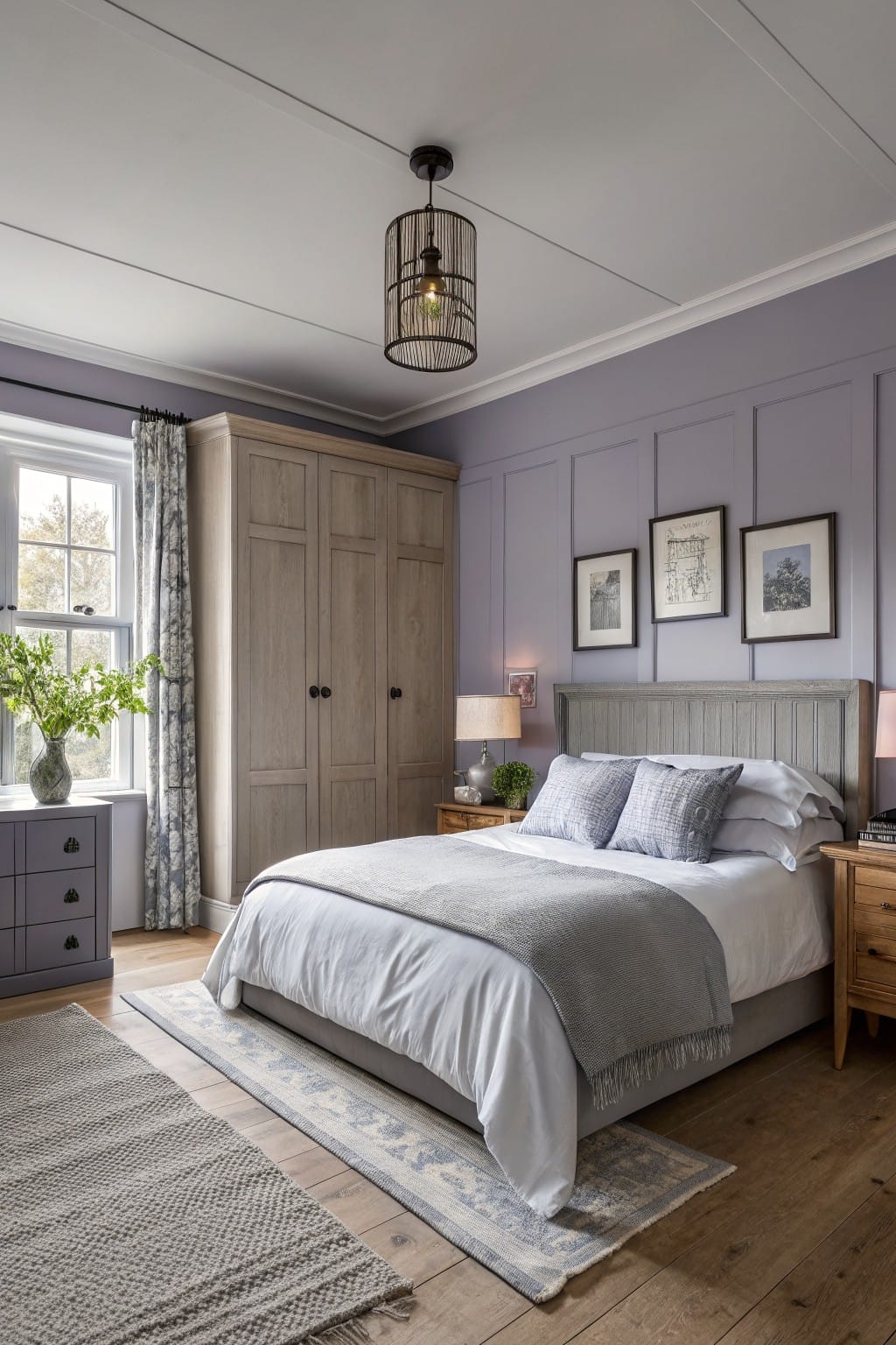 Cozy bedroom featuring soft lavender paneled walls, light oak wardrobe and bedframe, neutral bedding, and wooden floors for a calm vibe