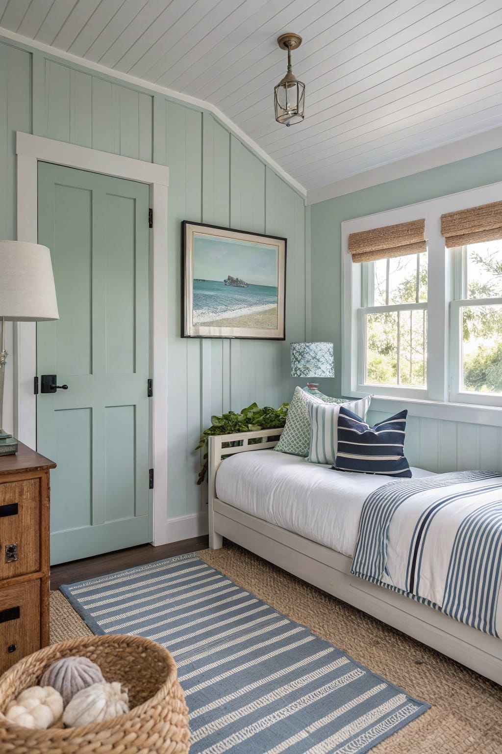 Cozy bedroom featuring soft mint green shiplap walls and door, a daybed with white bedding and blue stripes, coastal seascape painting, potted plant, wood side table, blue striped rug, and bamboo shades on double-hung windows letting in greenery views