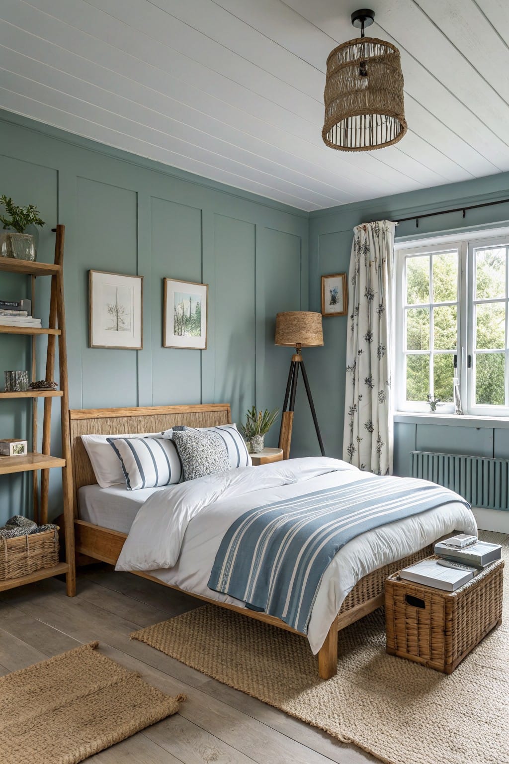 Bedroom with soft sage green paneled walls, wooden rattan bed frame, white duvet with blue striped throw, woven baskets, plants, and seagrass rug on hardwood floor
