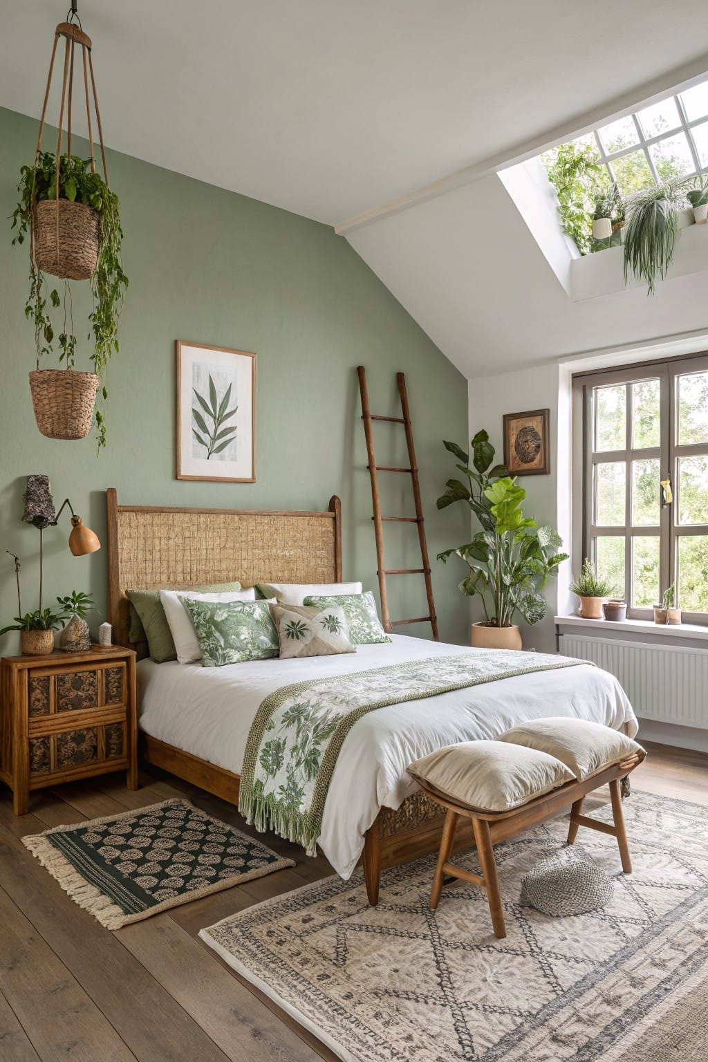 Bedroom with pale sage green walls, wooden rattan bed, potted plants, and layered rugs for a relaxed natural feel