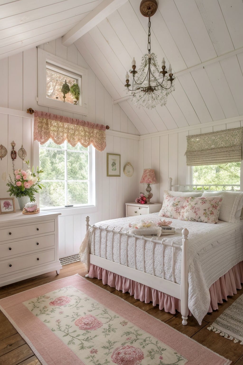 Cozy bedroom with soft white shiplap walls, pink floral bedding on iron bed, and chandelier overhead
