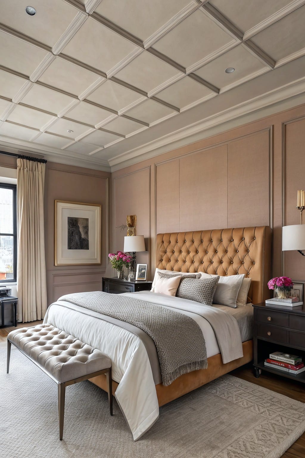 Bedroom with warm greige paneled walls, tufted tan headboard, neutral linens, brass lamps, and soft rug
