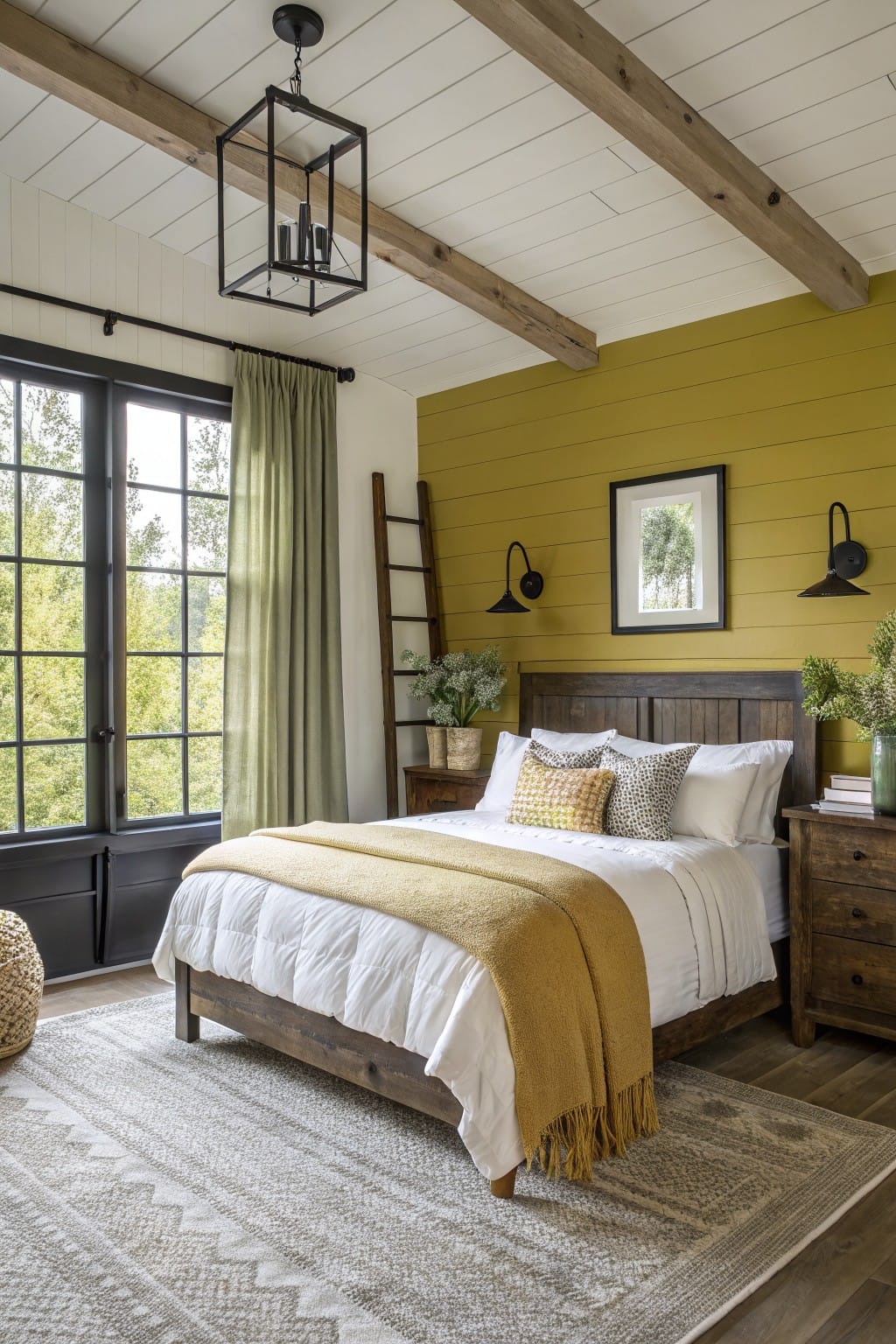 Cozy bedroom featuring a mustard yellow shiplap accent wall behind a wooden bed, with white bedding accented by yellow pillows and throw, large windows with green curtains, and hardwood floors.