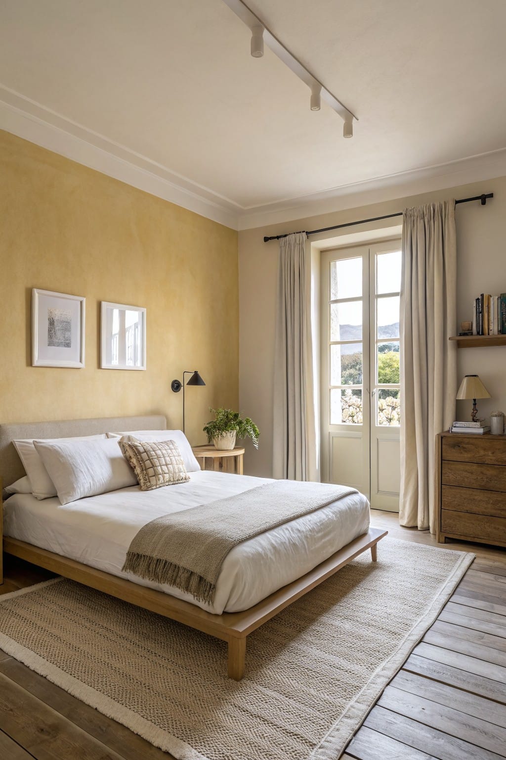 Bright, minimalist bedroom with a wooden bed, beige walls, and natural light from windows.