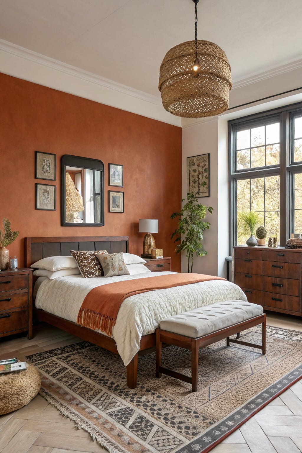 Bedroom with warm terracotta accent wall, wooden bed, orange throw, rattan pendant light, and potted plants near large windows