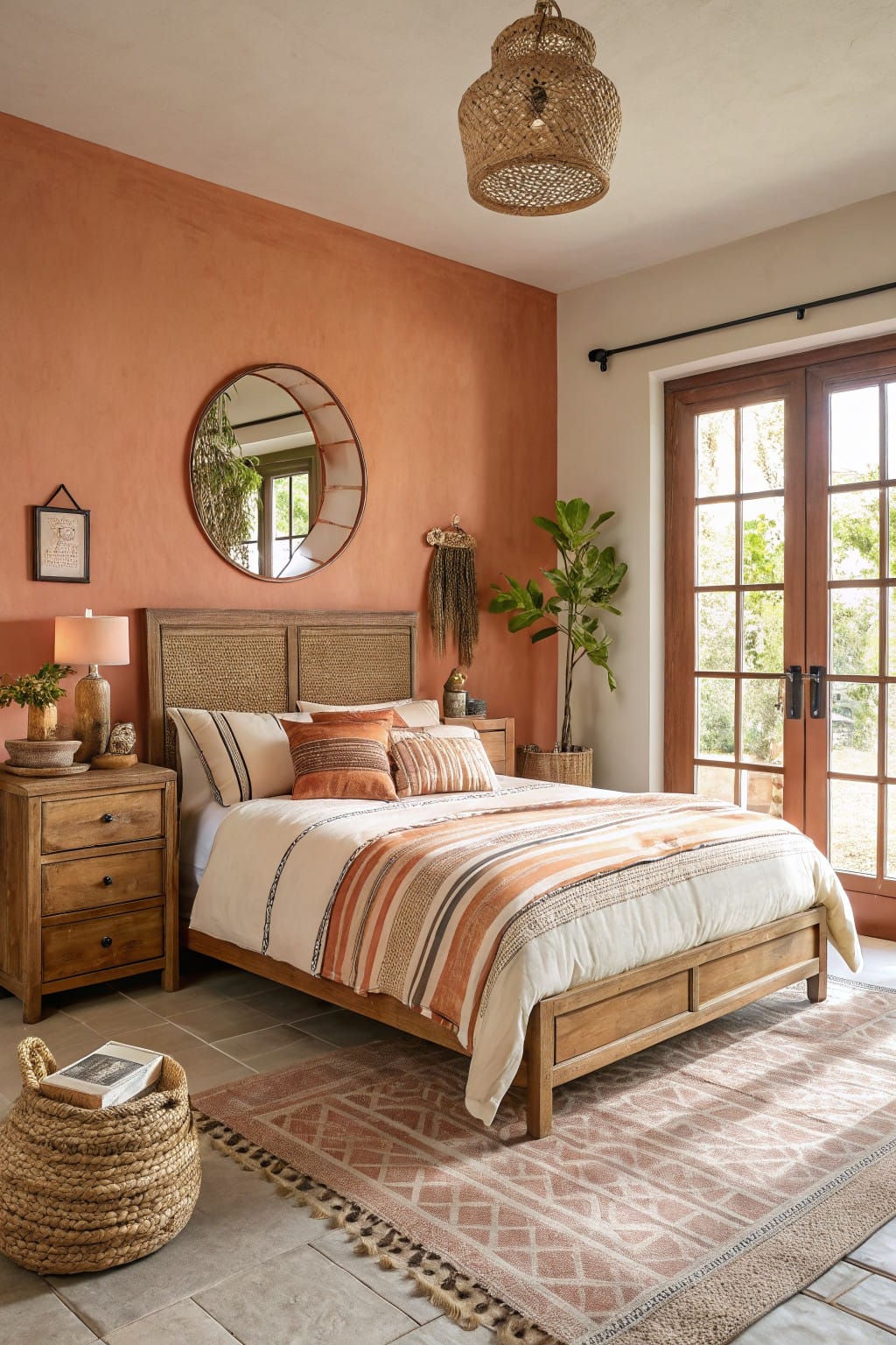 Cozy bedroom featuring warm terracotta walls with wooden bed frame, rattan headboard, plants, and woven accents