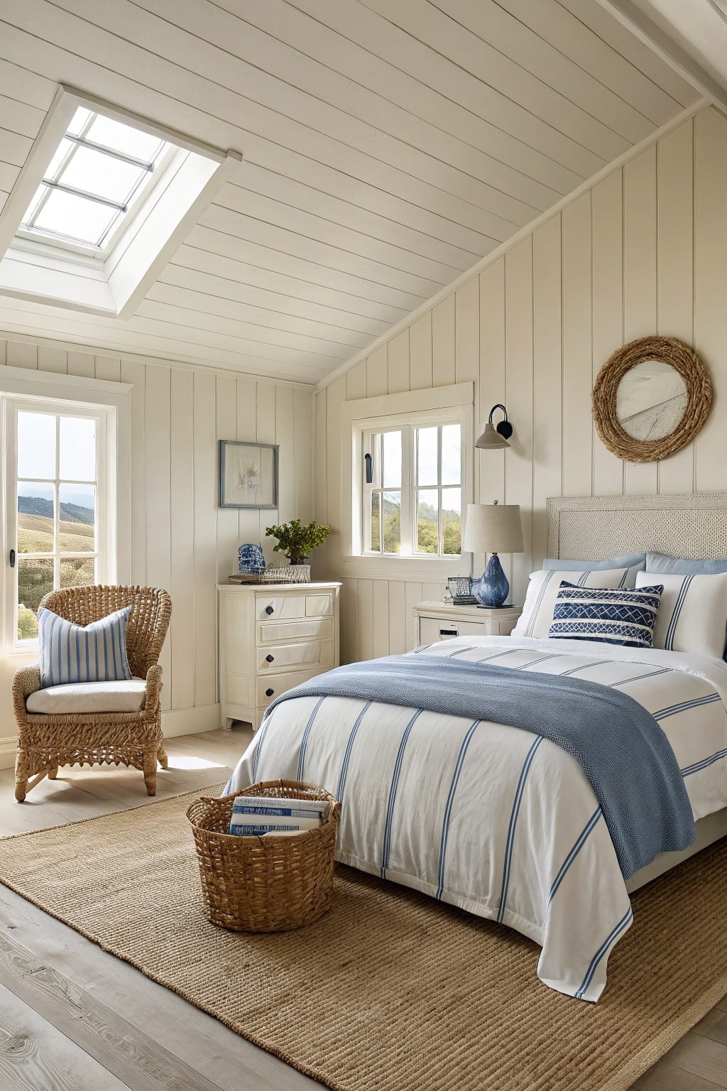 Bedroom with warm white shiplap walls, rattan chair and bed, blue striped bedding, white dresser, seagrass rug, and window views of hills