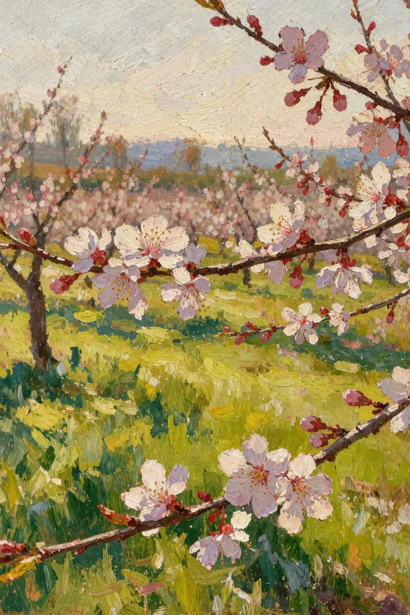 Oil painting of cherry blossom branches in foreground over a green meadow orchard with distant hills under a pale sky.