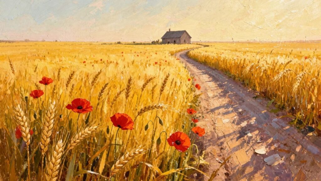 Oil painting of golden wheat field with winding dirt path, red poppies, and distant farmhouse under hazy sky.