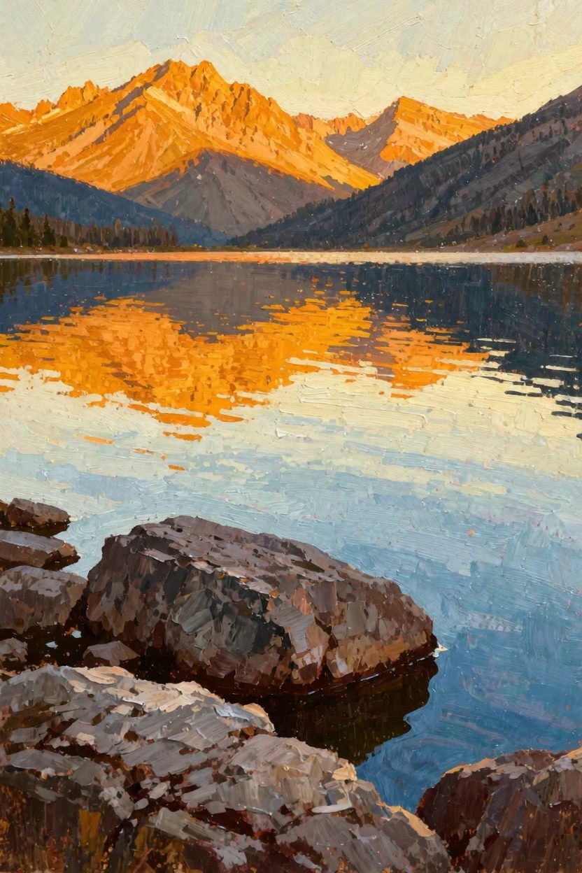 Oil painting of orange-glowing mountain peaks reflected in a blue lake with foreground rocks and distant trees.