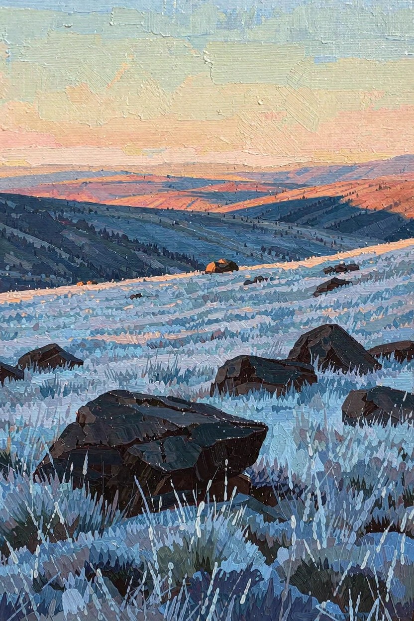 Oil painting of frosty blue meadow with dark rocks in foreground, small orange tent on distant hills, layered blue and orange mountains, and pink-orange sunset sky.