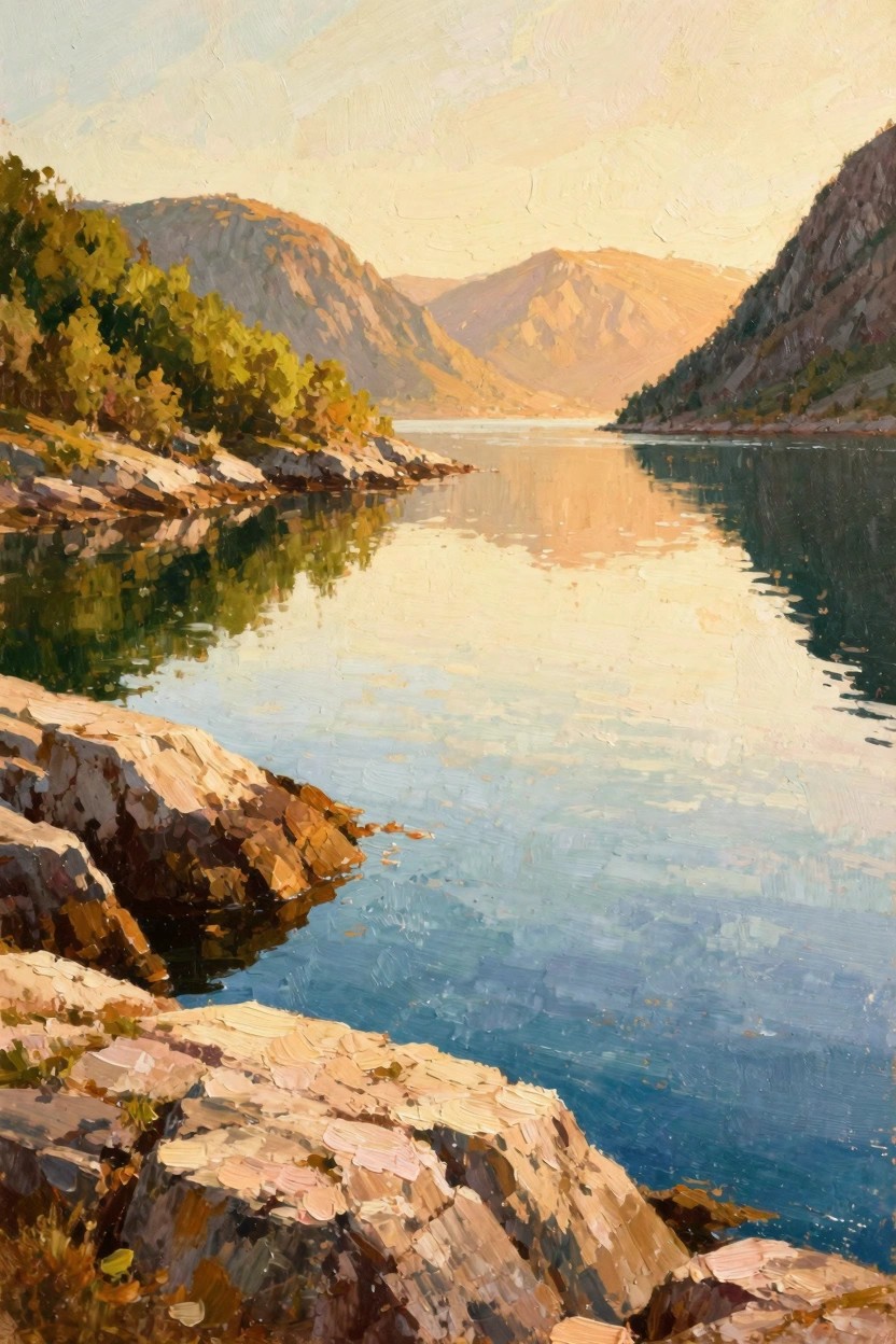Oil painting of a golden hour fjord landscape with steep green mountains, calm reflective water, and rocky foreground shore.
