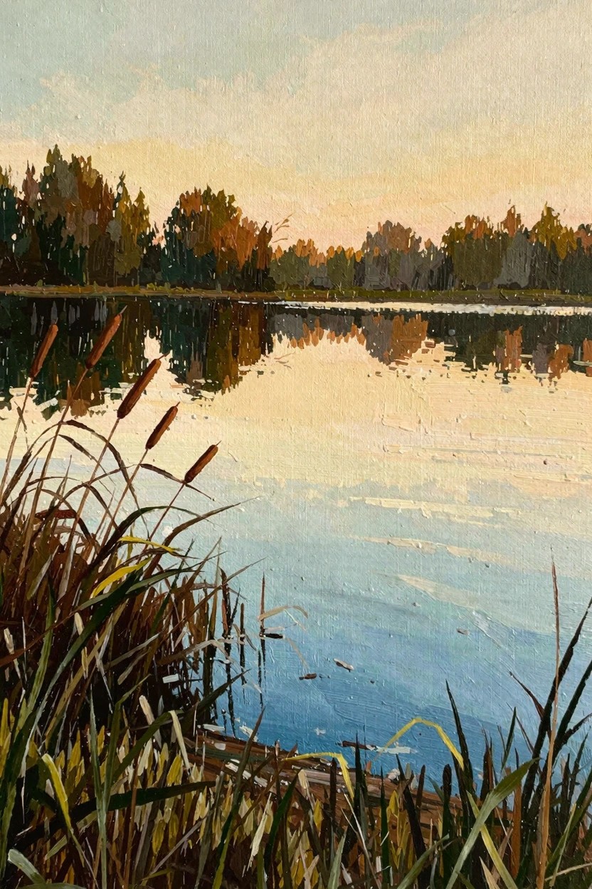 Oil painting of foreground reeds beside a reflective lake with autumn trees and golden sky at dusk.