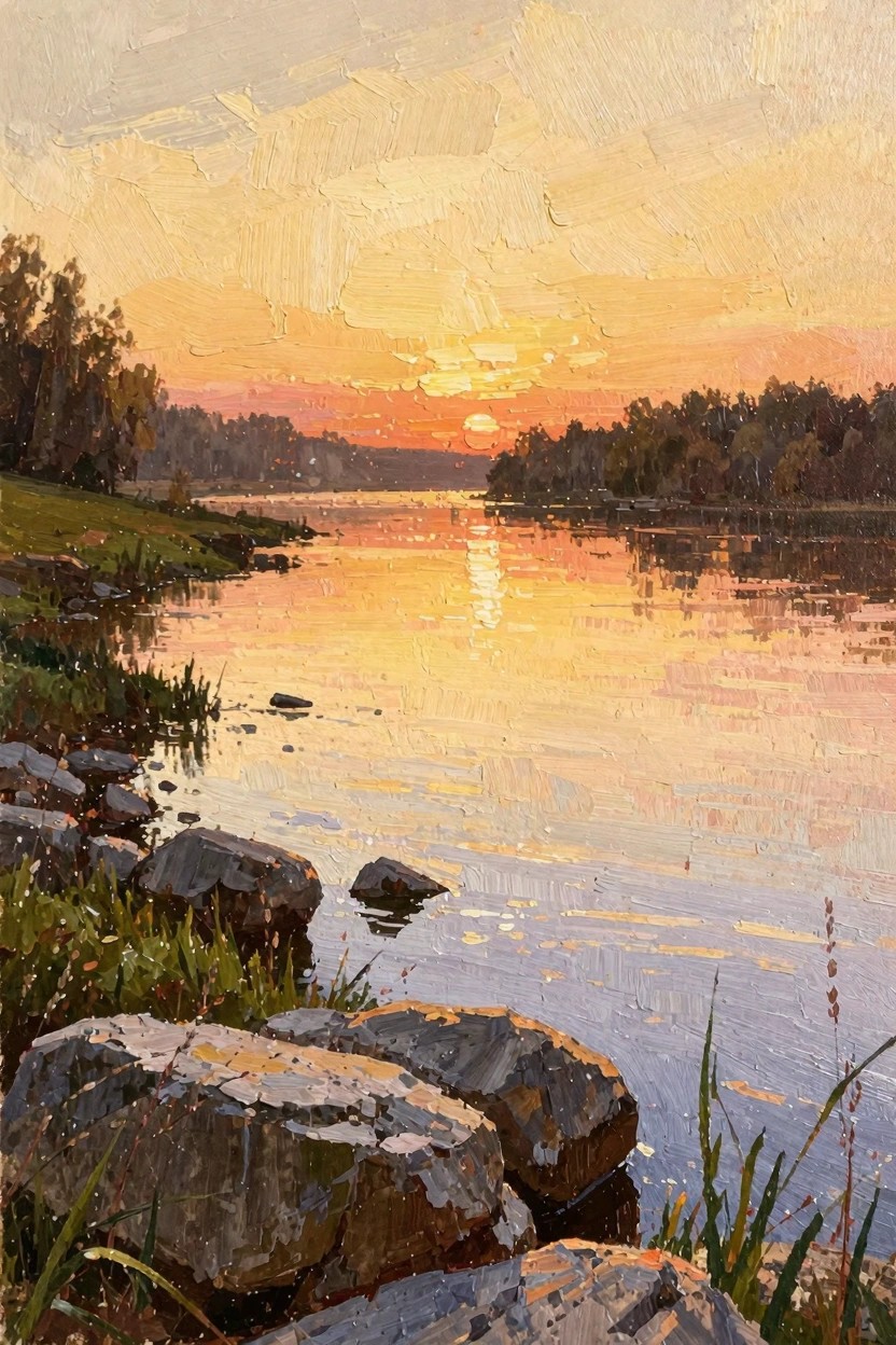 Oil painting depicting a sunset over a river, reflecting orange light on water with foreground rocks, grass, reeds, and trees along the banks.