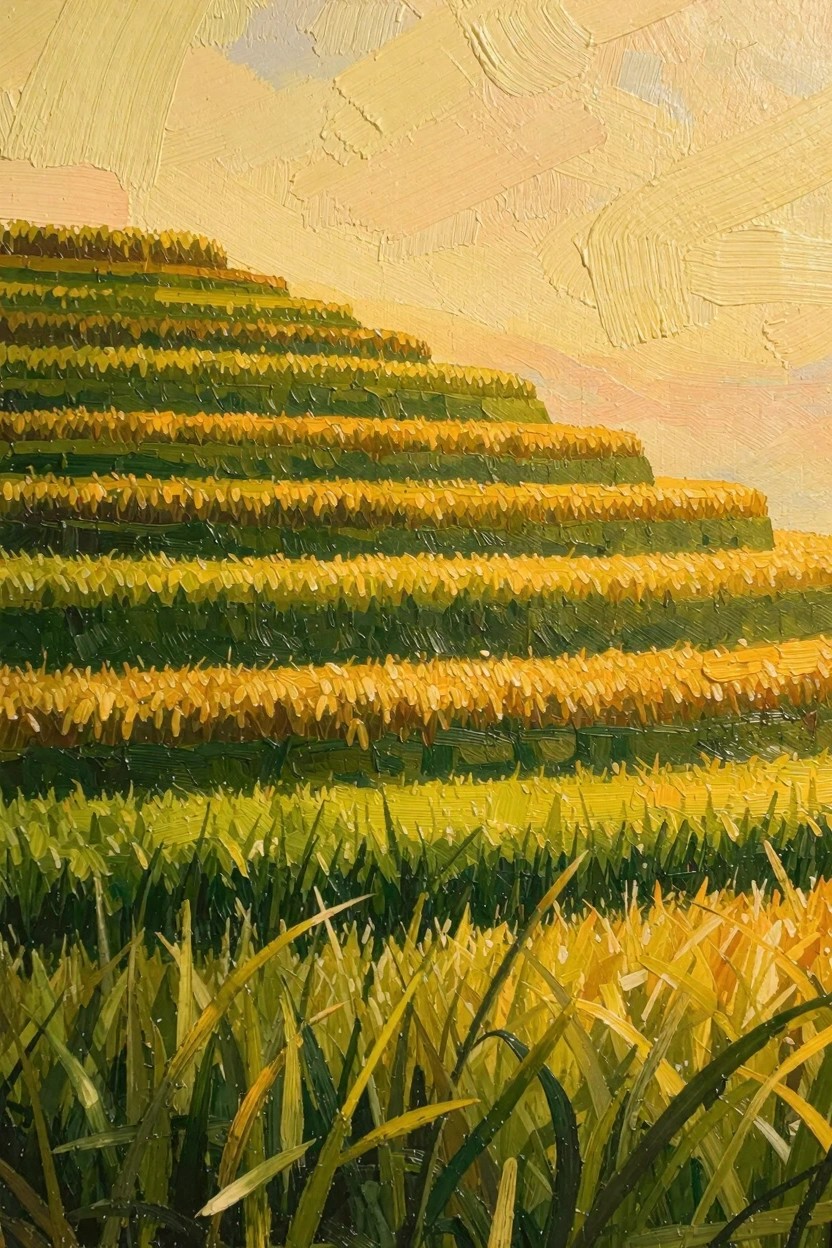 Oil painting of terraced green and golden rice fields rising up a hill beneath a textured yellow and orange sunset sky.