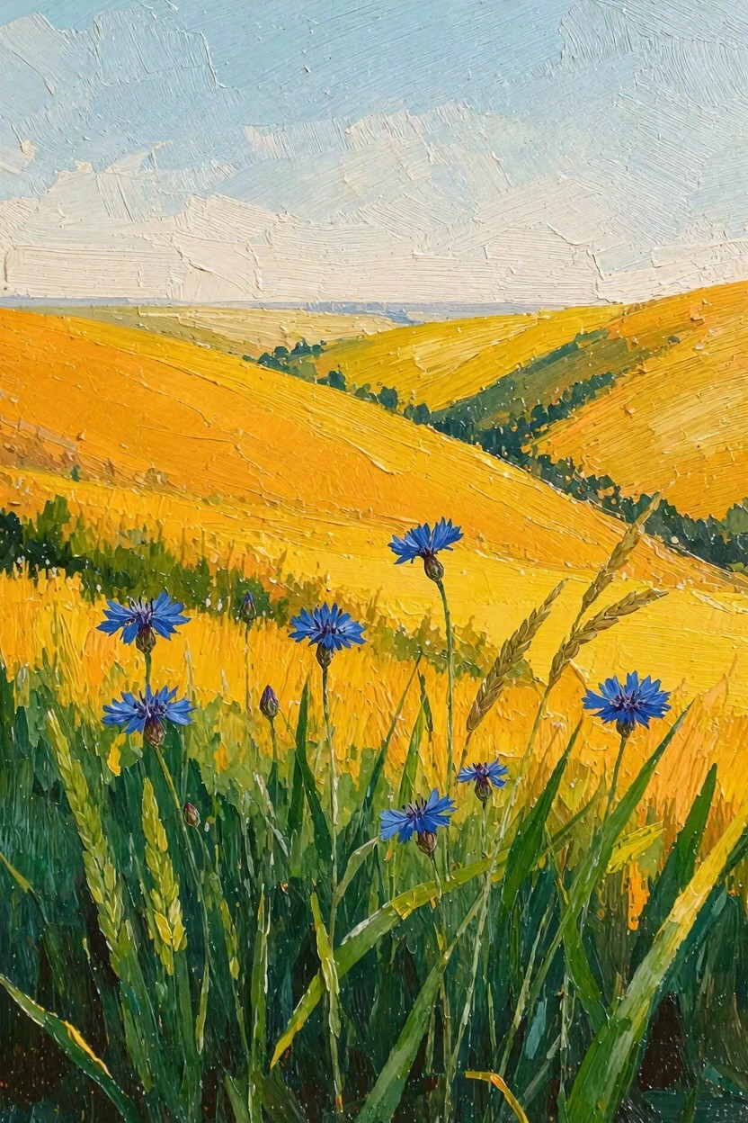 Oil painting of rolling golden wheat fields and hills with blue cornflowers in the foreground under a partly cloudy blue sky.