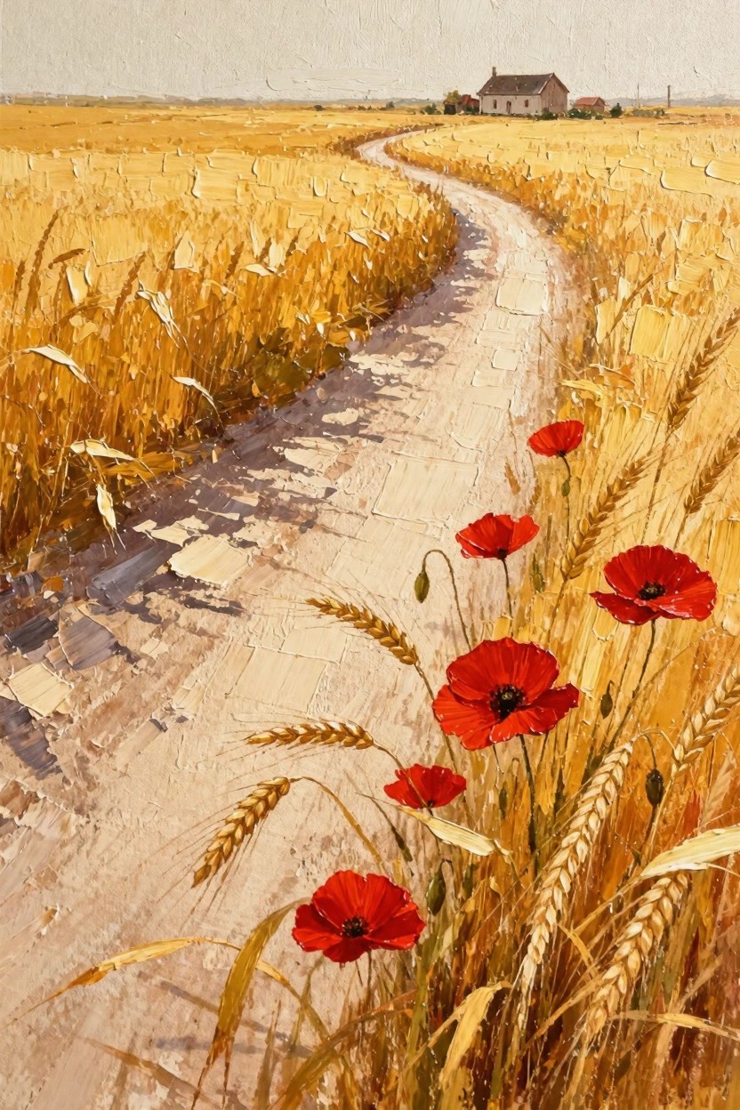 Oil painting of golden wheat field with winding dirt path, red poppies, and distant farmhouse under hazy sky.