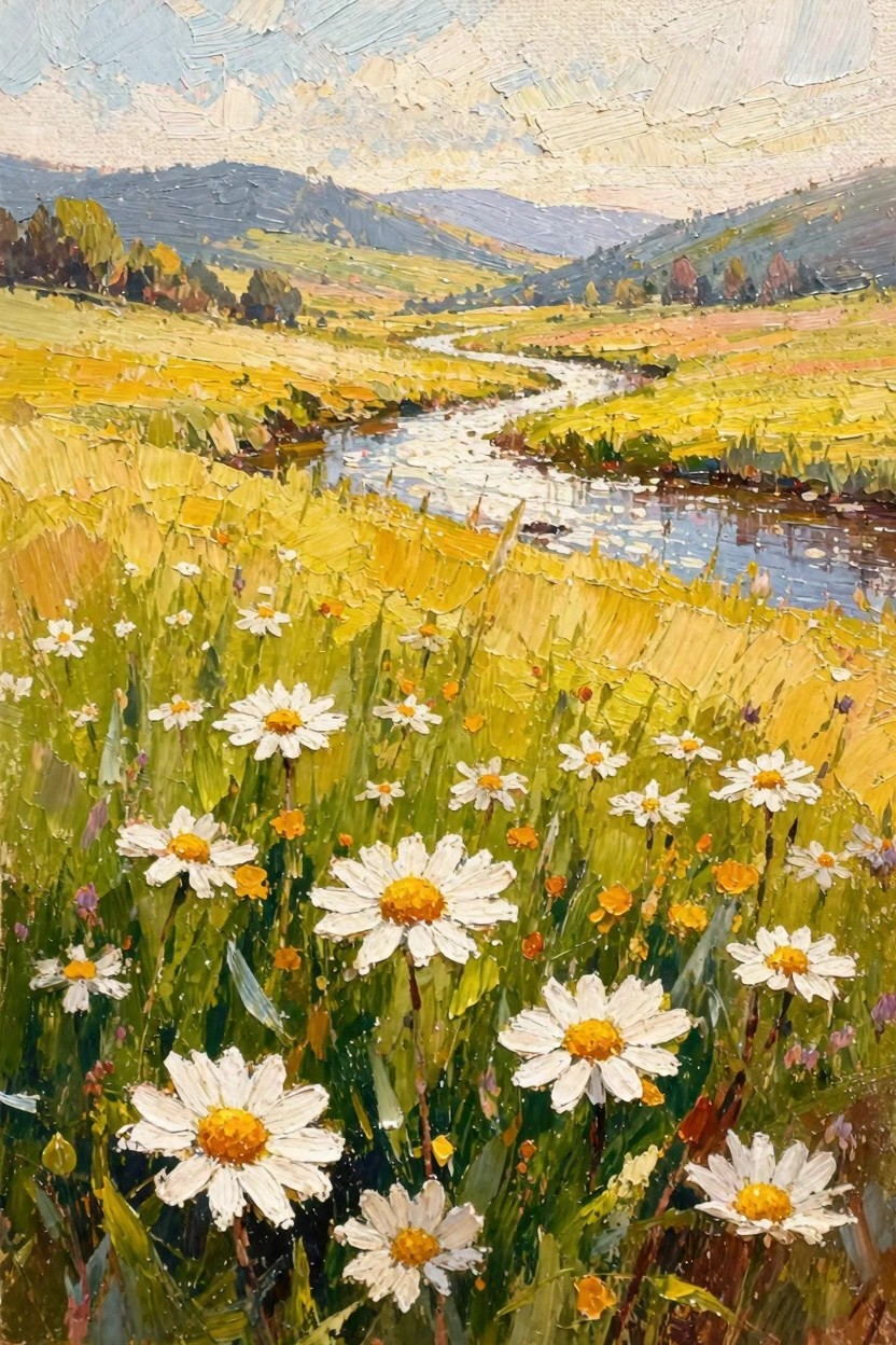 Oil painting depicting golden yellow fields dotted with white daisies along a winding blue river, with green hills, trees, and distant mountains under a partly cloudy sky.