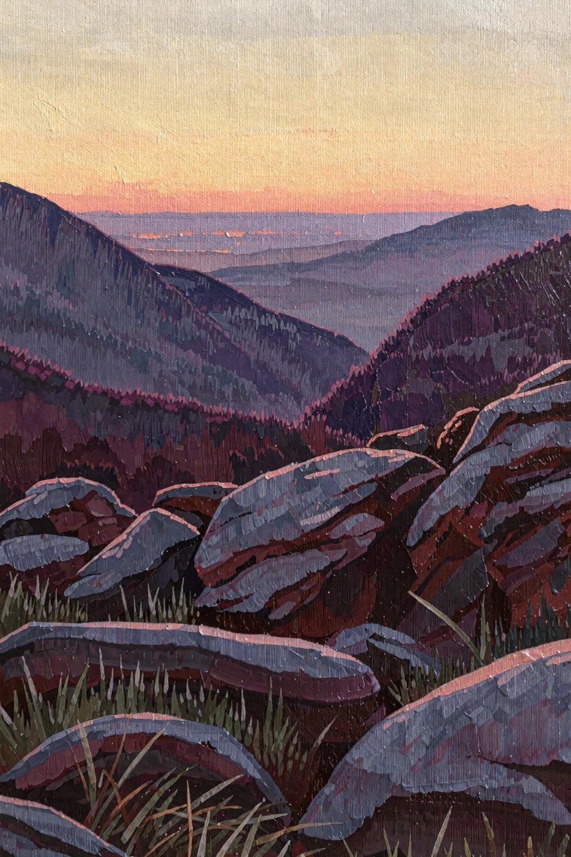 Oil painting of purple mountains and valleys at sunset viewed from foreground rocks and grass with orange sky.