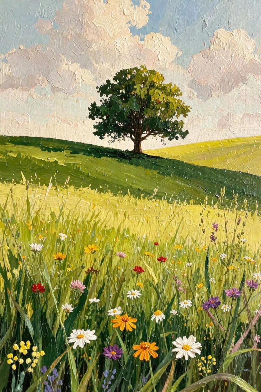 Oil painting of a large tree on a green hill with rolling fields of colorful wildflowers under fluffy clouds in a blue sky.