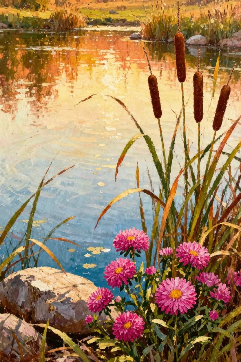 Oil painting showing cattails, pink flowers, rocks, and autumn reflections around a blue pond.