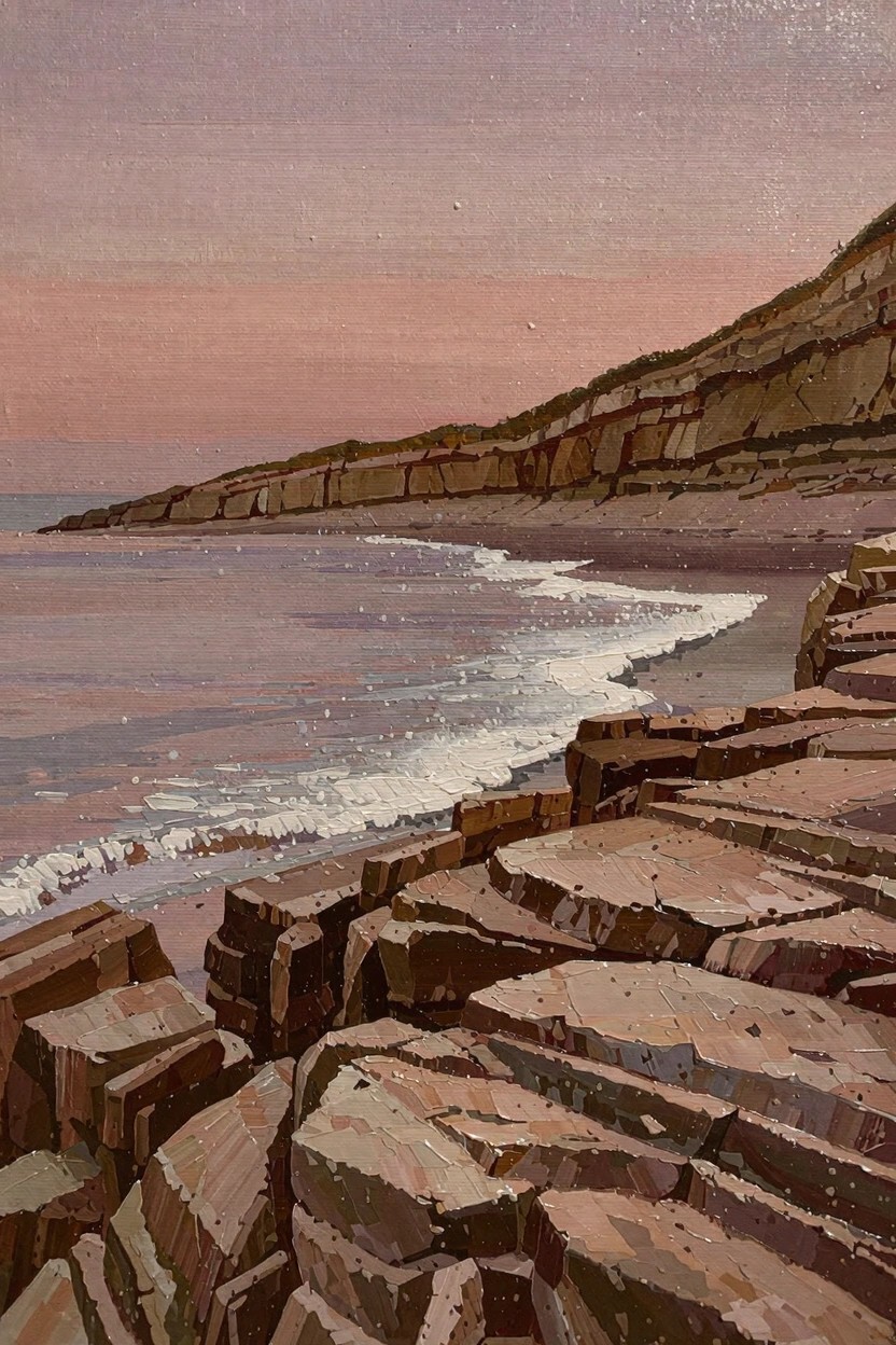 Oil painting of pink-purple dusk sky over calm sea, waves on tan rocky shore, and steep brown cliffs rising rightward.