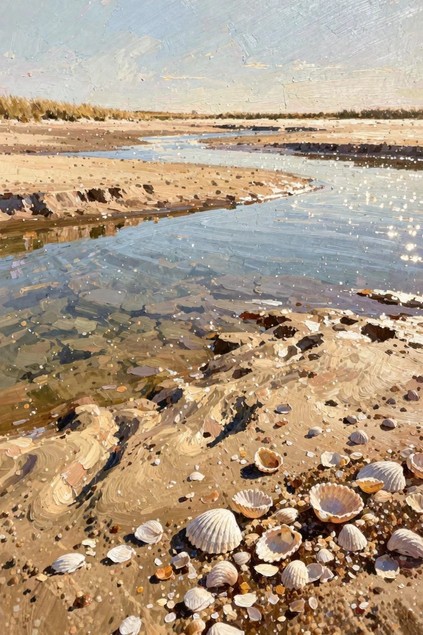 Oil painting of sandy beach with scattered seashells in foreground, curving clear stream through banks, distant reeds, and pale sky.