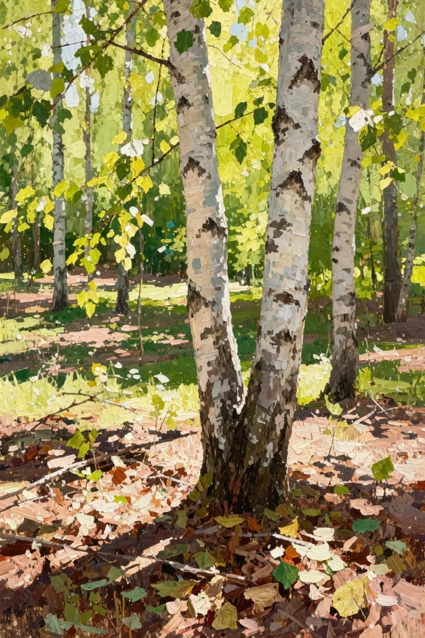 Oil painting of clustered birch trees with white bark in a sunlit green forest, dappled shadows on the leafy ground.