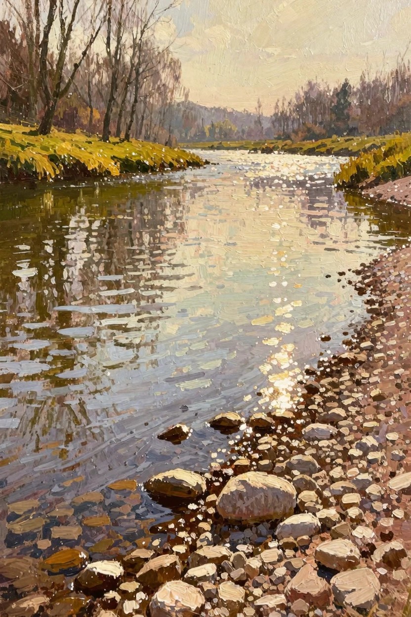 Oil painting of a sunlit river curving past pebbled shores, with reflective water, yellow grasses, and bare trees on the banks.