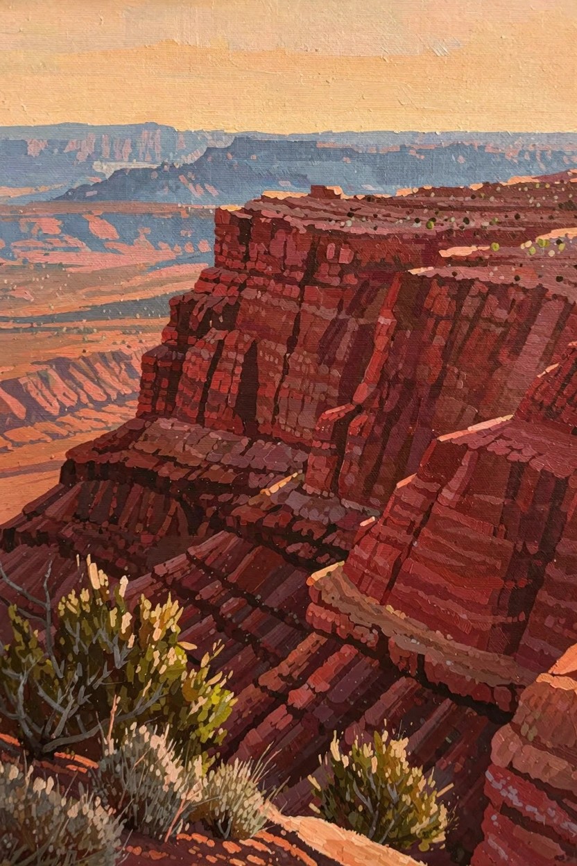 Oil painting of red layered canyon cliffs at sunset with green foreground shrubs and distant blue mountains.