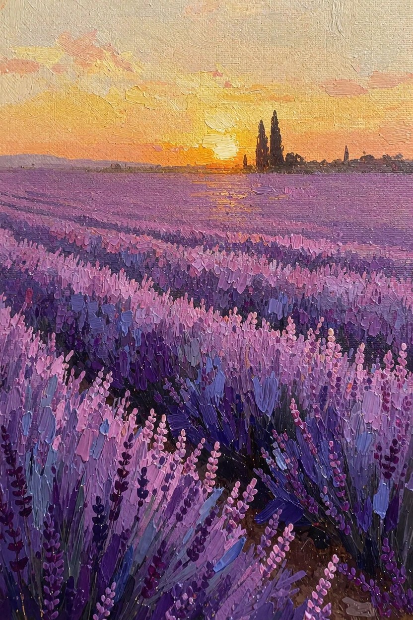 Oil painting of purple lavender fields under a golden sunset with silhouetted cypress trees and distant village.