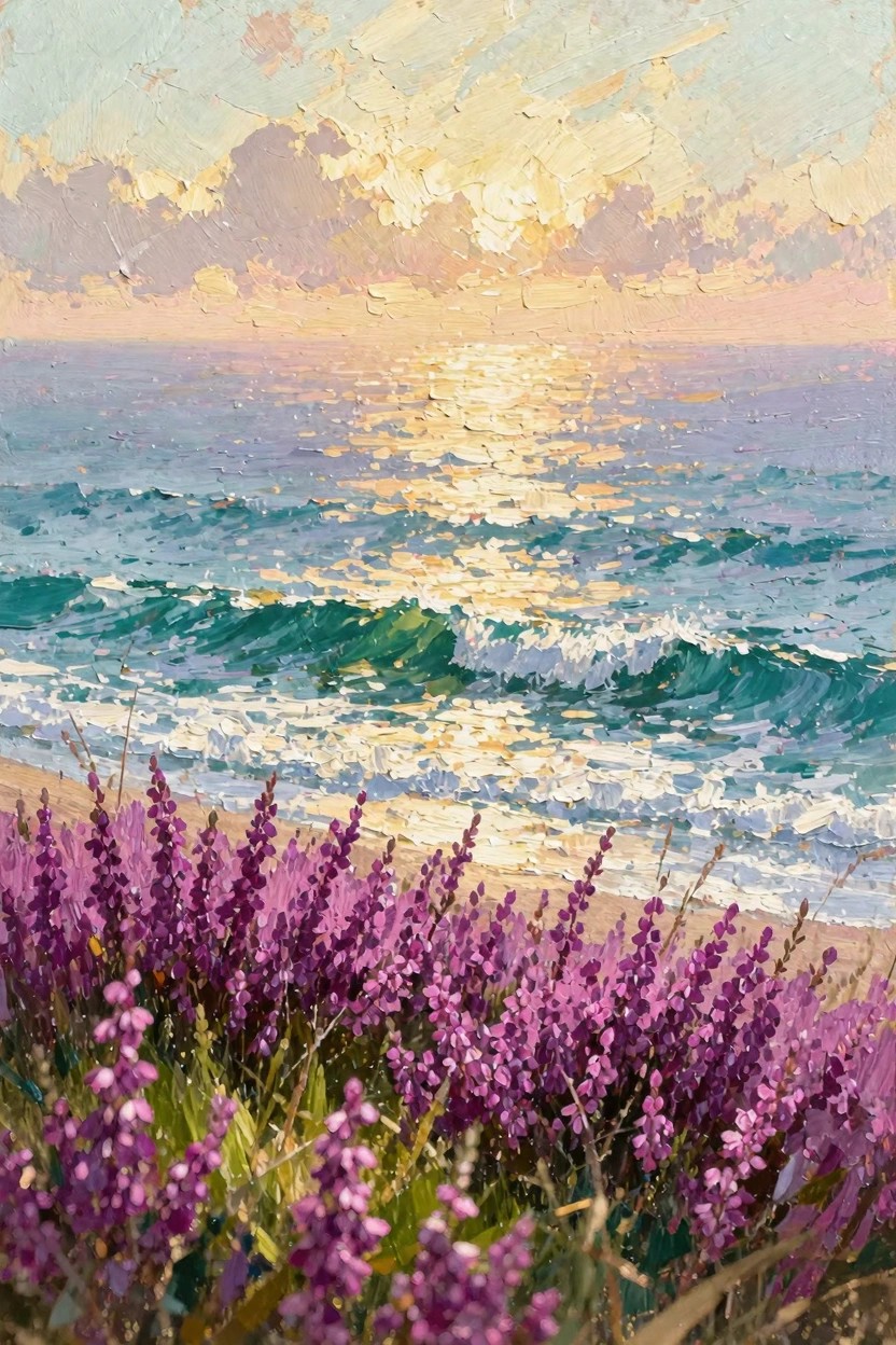 Oil painting depicting purple flower clusters in the foreground, a sandy beach, turquoise waves with golden sunset reflections, and a colorful sky over the ocean.