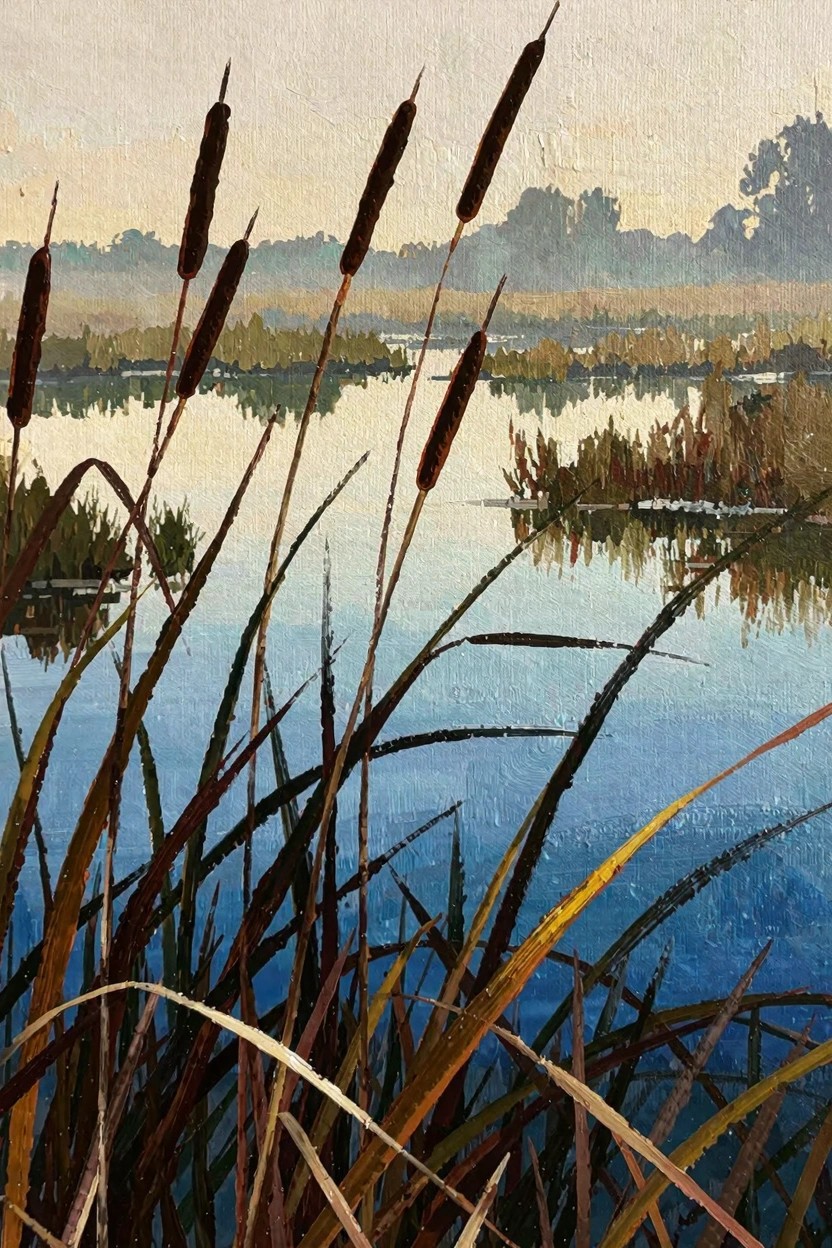 Oil painting of tall brown cattails in foreground with stems and spikes reflecting in blue water, misty reeds and trees in background.