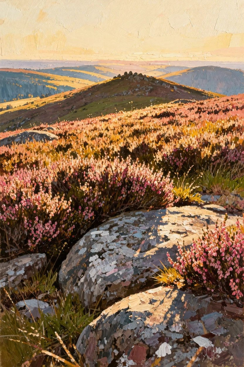 Oil painting of rolling moors blanketed in pink heather under golden sunset light, with foreground rocks and distant hills.