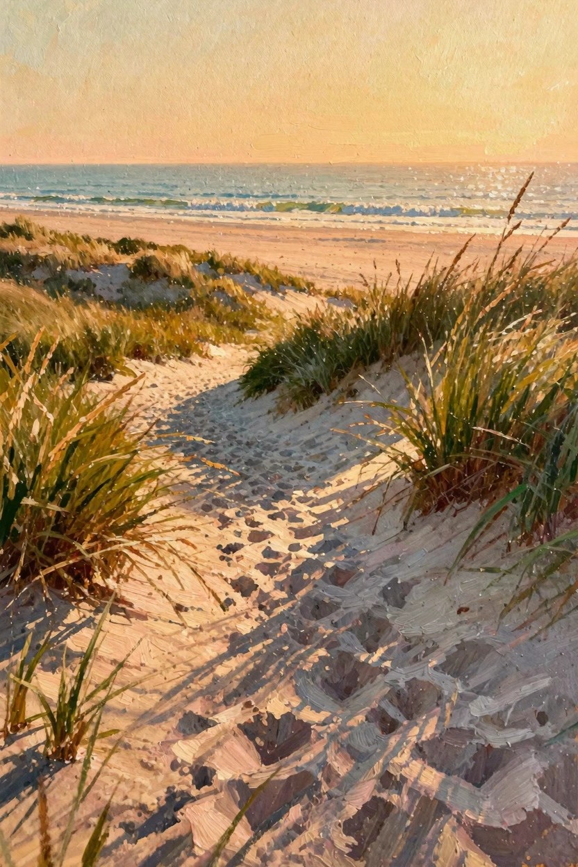 Oil painting of a sandy path with footprints through sea grass dunes leading to beach waves and ocean at sunset.