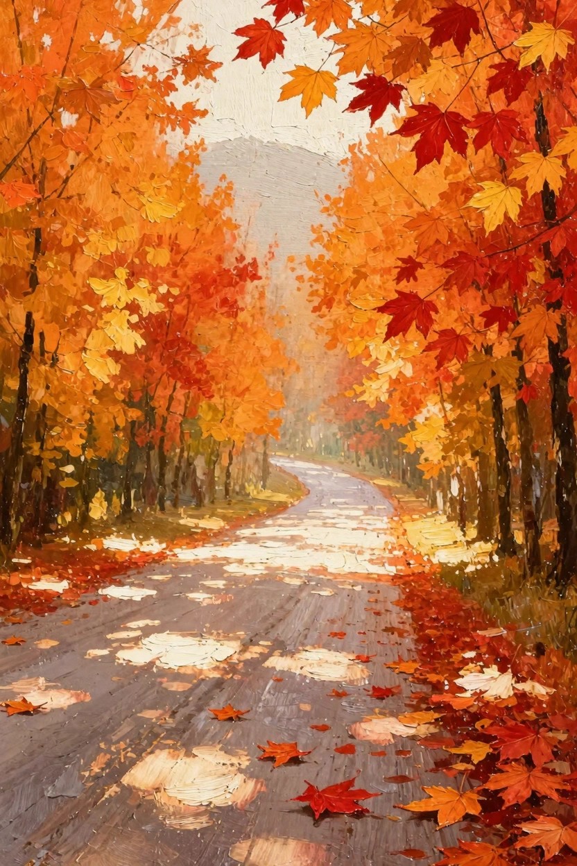 Oil painting of a sunlit winding dirt road lined with orange and red autumn maple trees and covered in fallen leaves.