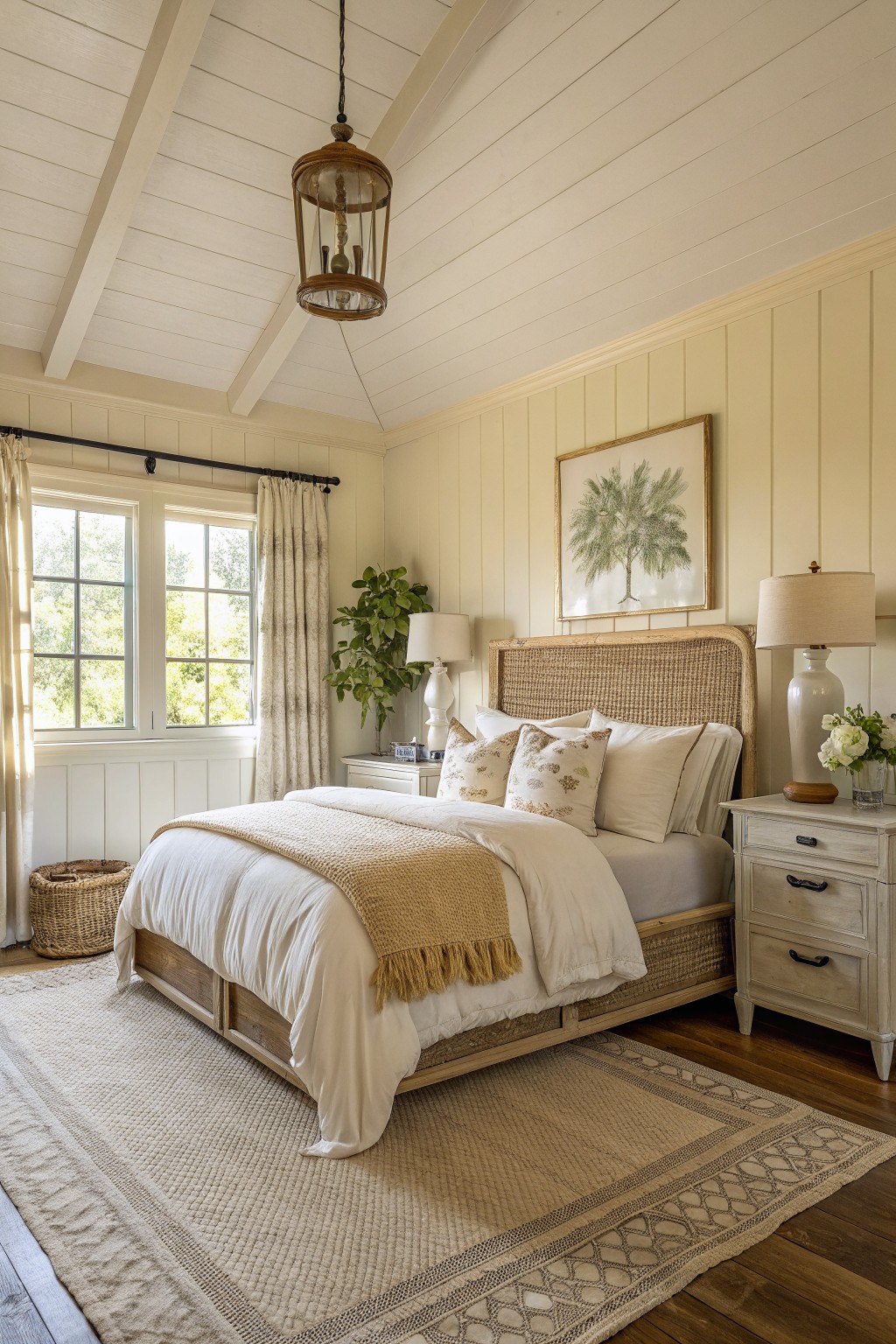 Cozy bedroom with creamy beige shiplap walls, rattan bed, white bedding with yellow throw, potted plants, and large windows letting in soft light