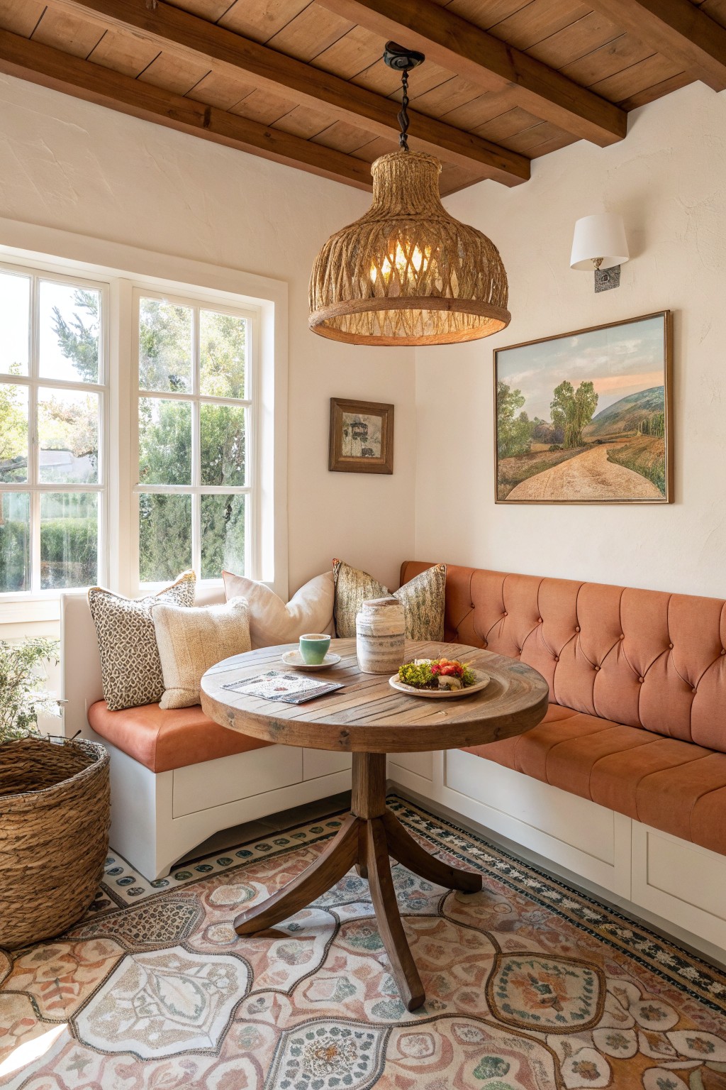 Cozy banquette nook with creamy off-white walls, wood beams overhead, rattan pendant light, and warm terracotta tile floor