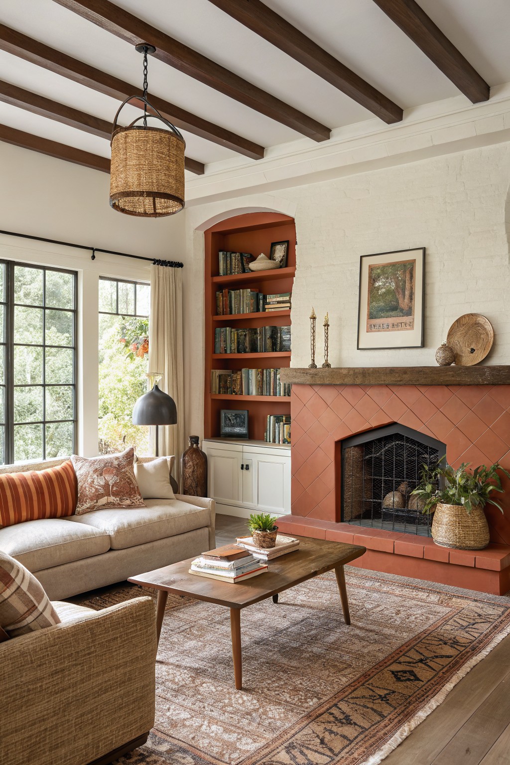 Cozy living room with creamy white walls, wood-beam ceiling, terracotta brick fireplace, beige sofa, and potted plants