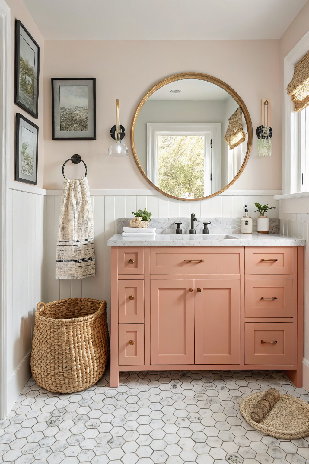 Cozy bathroom featuring soft blush pink walls, white beadboard wainscoting, coral peach vanity with brass pulls, large round gold mirror, and white hexagonal tile floor with seagrass accents