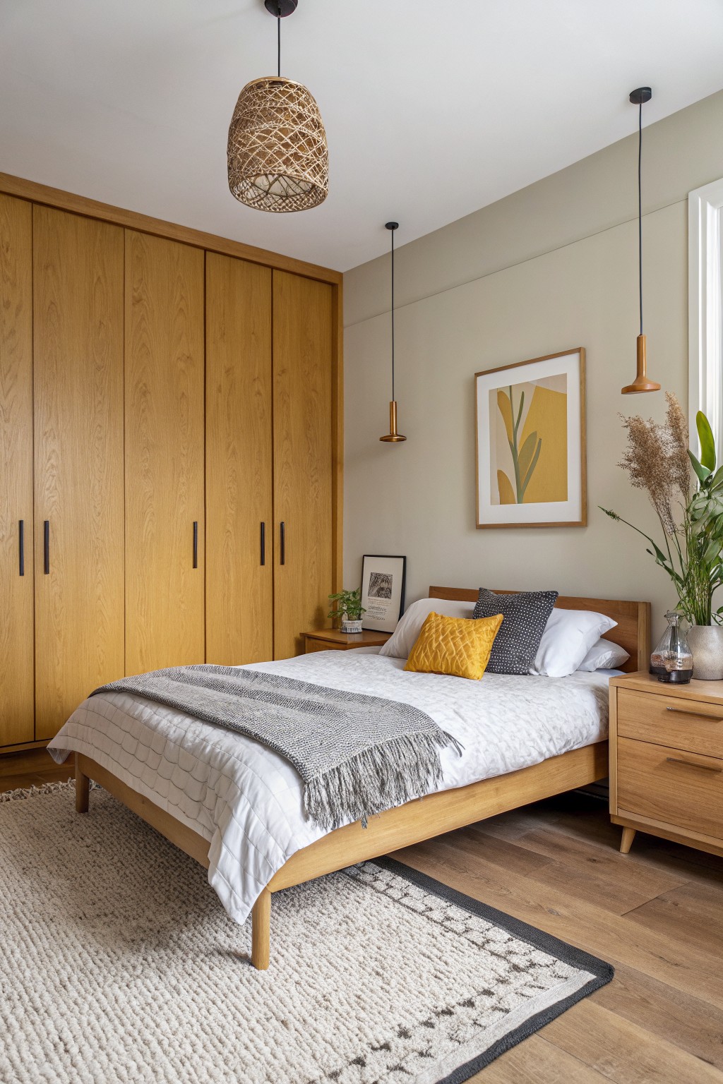 Cozy bedroom featuring soft greige walls, oak wardrobe and bed, woven pendant lights, and potted plants for a warm mid-century vibe